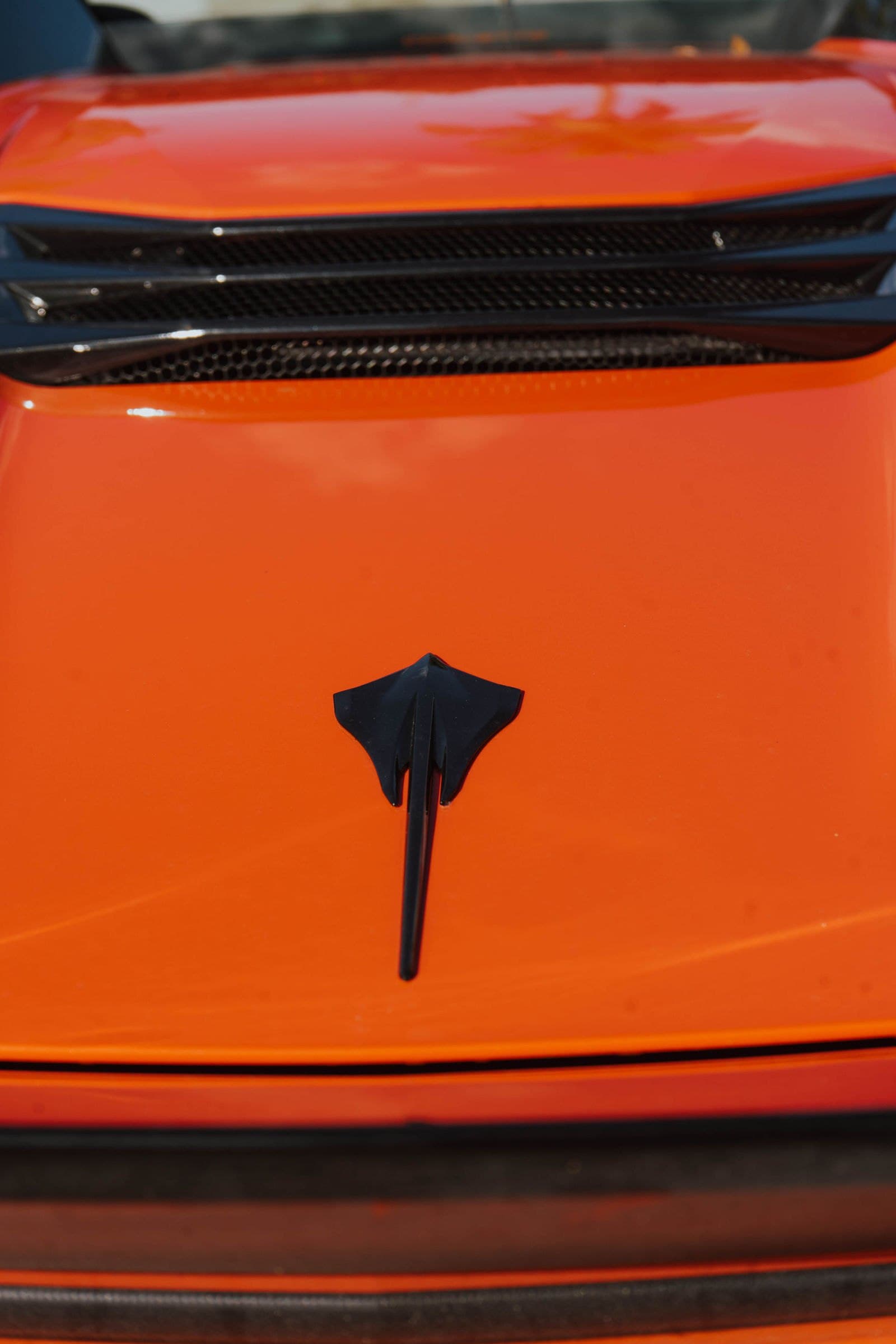Stingray emblem on the hood of an orange Corvette C8