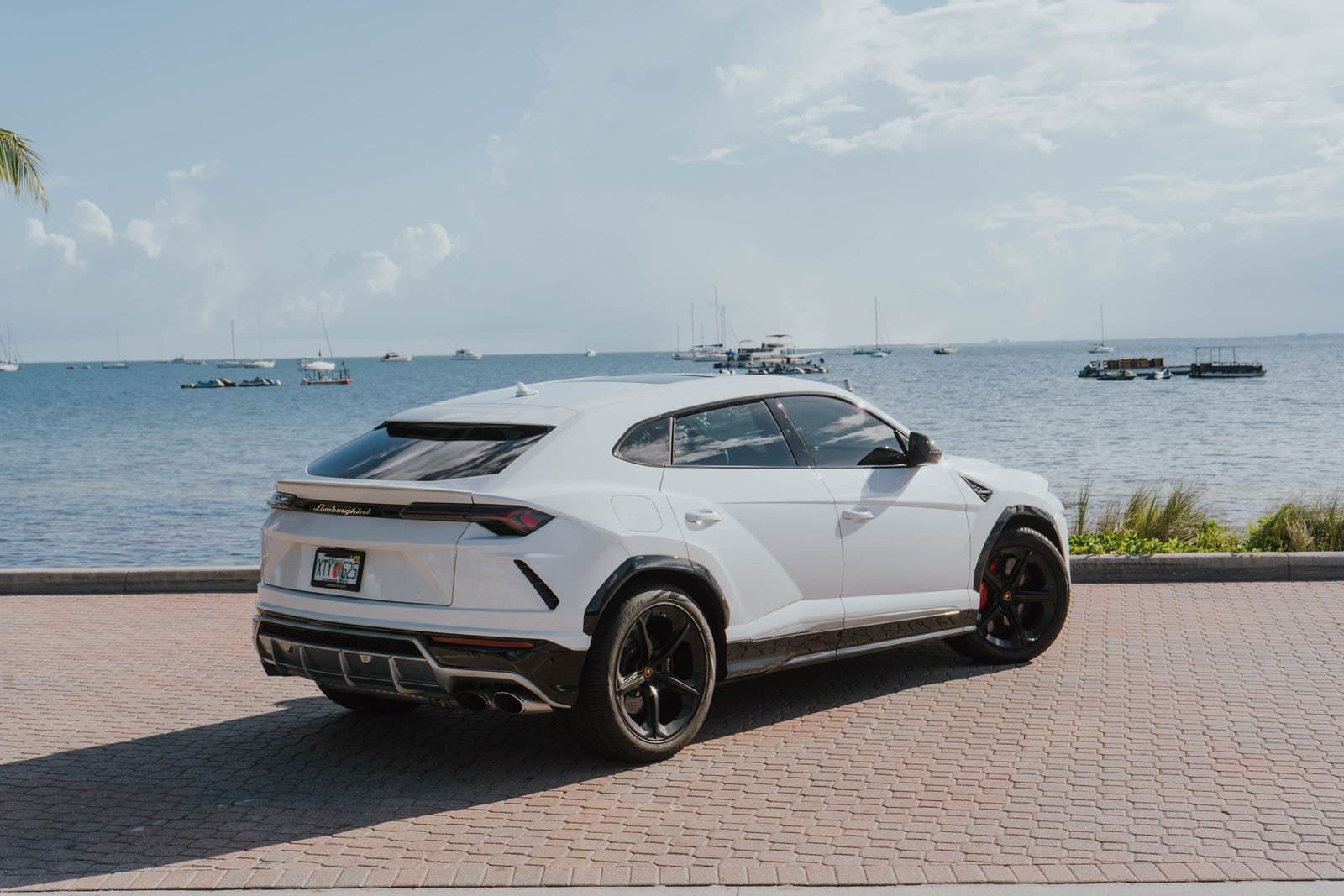 Rear three-quarter view of a white Lamborghini Urus by Biscayne Bay