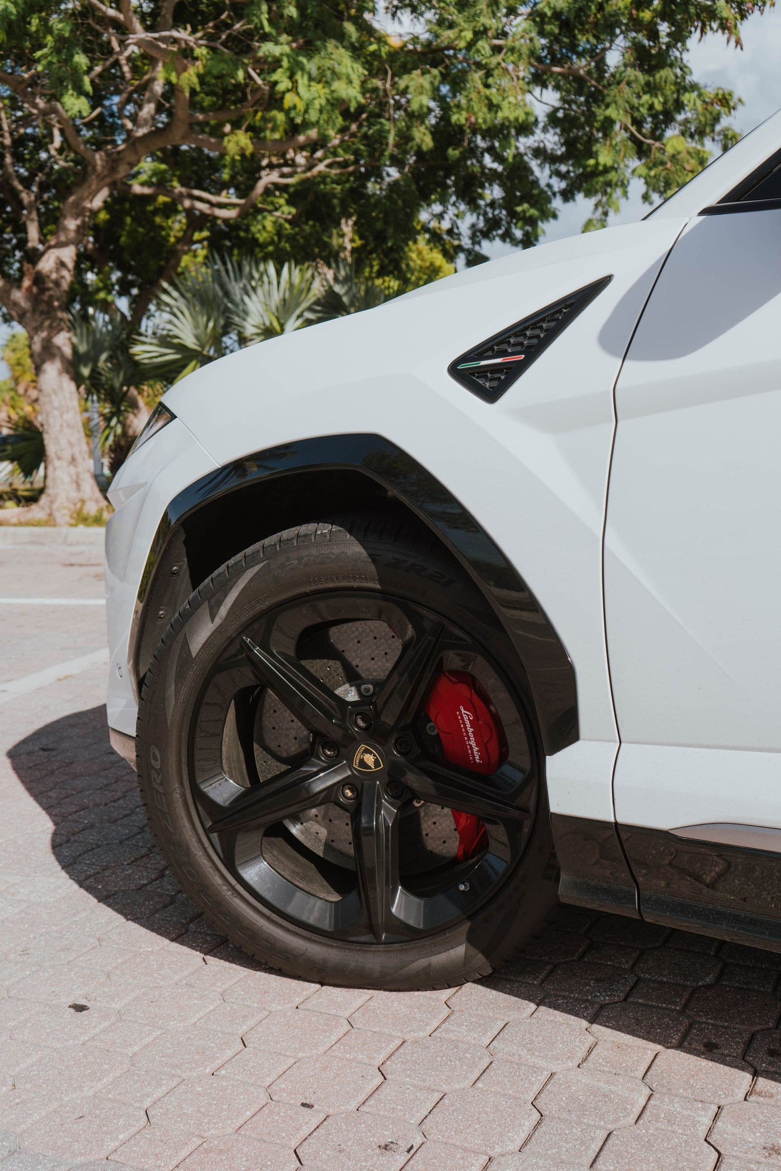 Black wheel and red brake caliper on a white Lamborghini Urus